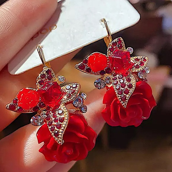 Rhinestone Rose Drop Flower Earrings - Picture 2 of 8
